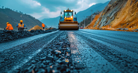 Construction site is laying new asphalt road pavement,road construction workers and road construction, asphalt roller working