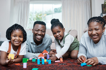 Black family, portrait or kids with parents or building blocks for playing, creative fun or bonding...