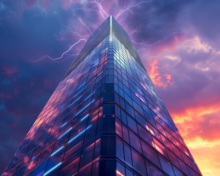Corporate skyscraper with lightning rod technology