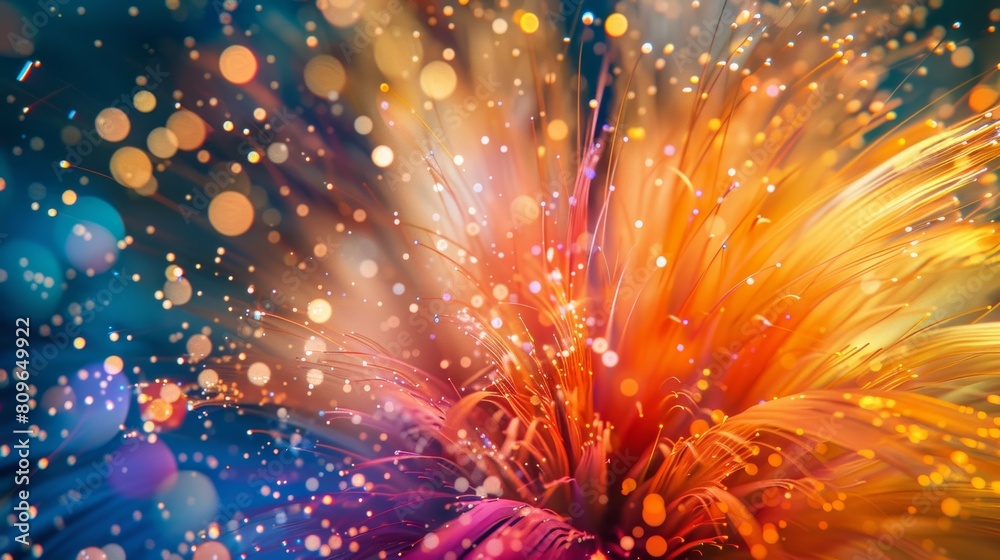 Poster a close-up photorealistic explosion of colorful fireworks, capturing the intricate details of the bu