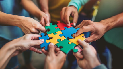 Group of young people connecting green, yellow, pink, red, blue pieces of jigsaw puzzle. People holding different jigsaw parts in hands. Teamwork,Generative AI.