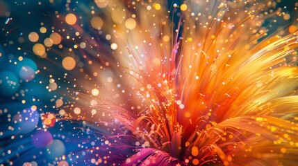 A close-up photorealistic explosion of colorful fireworks, capturing the intricate details of the bursting flowers and the vibrant trails of light.