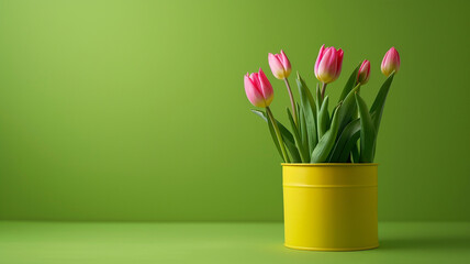 Beautiful tulip flowers in yellow pot can on green background with wide copy space
