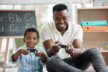 Teacher, boy and happy with video games on portrait for education, learning and child development. Black people, kindergarten and smile with gaming experience for cartoon or alphabetic assessment