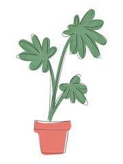 hand drawn line art vector of a plant pot with a plant of large green leaves. Concept of gardening and plant lovers