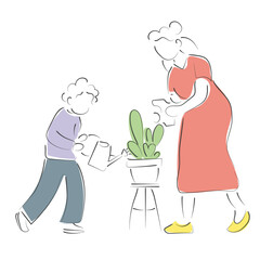 hand drawn line art vector of a mother helping her son with gardening. Environment and love for gardening in the future generation