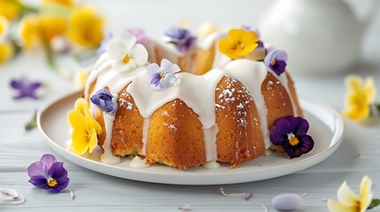 Obraz premium Easter yeast cake covered with icing and decorated with edible flowers on a white plate on a white wooden table