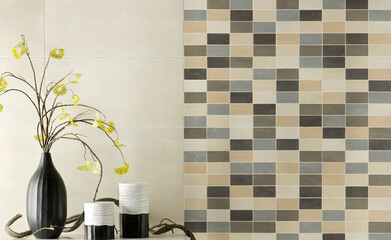 front view of different colored tile wall with decoration motifs