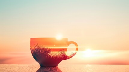 A double exposure photo of a coffee cup merging with a sunrise, representing the energizing and uplifting nature of both caffeine and a new day.