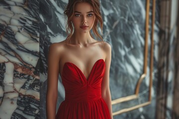 A sophisticated and elegant woman poses in a red evening gown in a luxurious setting