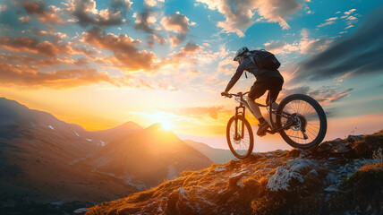 man riding bicycle on mountain path at sunrise in the morning.