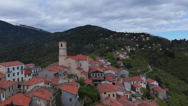 Bajardo Italy drone aerial video of a San Nicolo church old medieval town in the mountains
