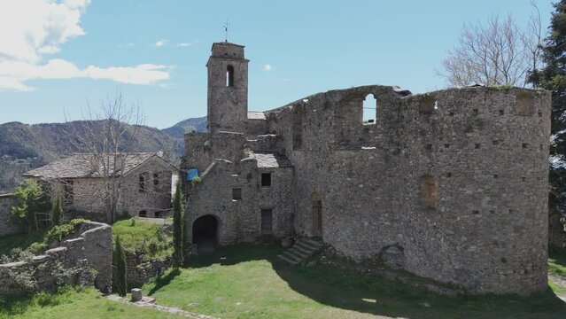 Bajardo Italy drone 4k aerial video of a San Nicolo church old medieval town in the mountains