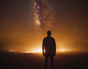 A man stands on a hill looking up at the stars