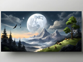 landscape with mountains and moon moon, blue, view, forest, hill, star, beauty,Ai generated 