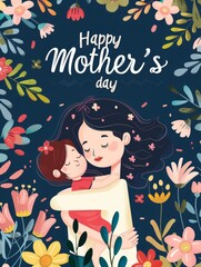 Tender illustration of a mother hugging her child surrounded by vibrant spring flowers under a starry night for Mothers Day.
