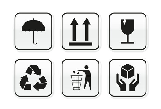 Shipping label template. Cargo sticker. Shipping and package handling symbol for carton box such as handle with care, recycling sign, up sign, fragile. Packaging icon vector. Vector illustration