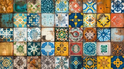 Vintage ceramic tiles with vibrant color patterns for wall decor Digital tile patterns in a colorful retro style