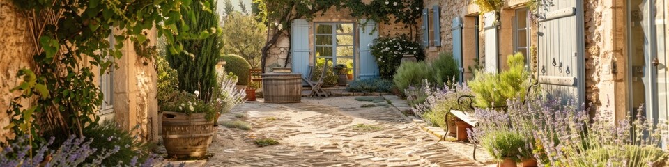 Fototapeta premium Summer-themed watercolor art portraying a cozy courtyard with a small house and blooming lavender.