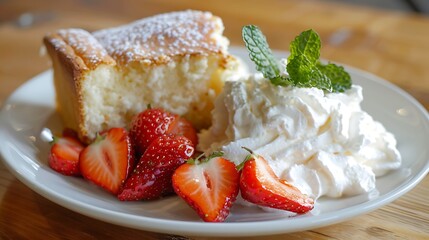 Portion of angel food cake served with whipped cream and strawberries