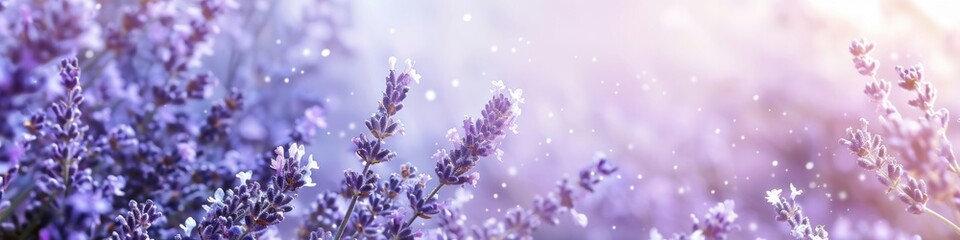 Fototapeta premium The lavender field and the sunlight falling on it create a soft, dreamy atmosphere.
