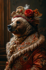 The Profile of A Bear Dressed in Extravagant, Overly Ornate Attire Against A Single-Color Background