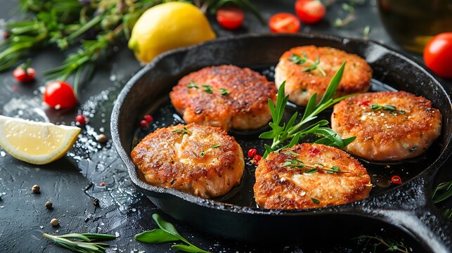 salmon fishcakes in a cast iron skillet tomatoes and lemon on a dark table