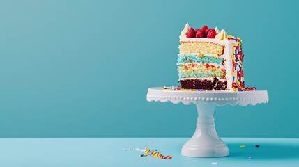 Single slice of birthday cake on a white cakestand minimalist on a blue background