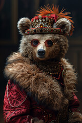 The Profile of A Bear Dressed in Extravagant, Overly Ornate Attire Against A Single-Color Background