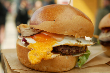 Burger street city fried egg cheese bacon lettuce tasty macro fast food grill delicious fresh yogurt dressing mayonnaise vegetable ground beef snack and pork old, american kitchen