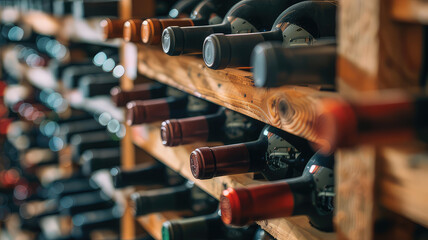 Wine bottles stacked on wooden rack, Wine collections stored in cellar on shelf