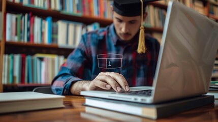 Laptop on desk. Man presses on icon university degree. Concept of online education.