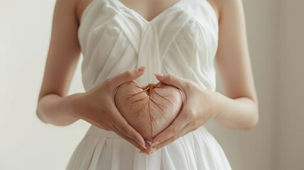 An image showing a woman with a white dress holding a 3D model of a liver. This refers to a healthy liver and the importance of organ donation. - Powered by Adobe