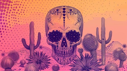 Vibrant and colorful illustration of a Day of the Dead sugar skull