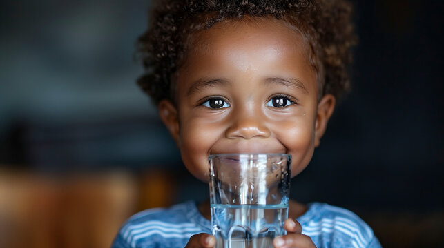 Portrait of african american boy child toddler stand and hold glass of water
