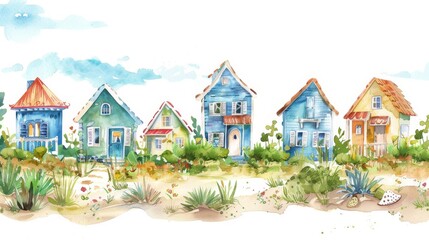 Beach houses on a watercolor seamless strip