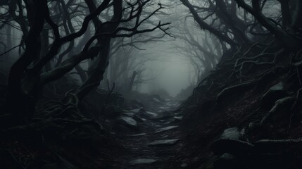 Obraz premium Mysterious Twisted Trees Lining A Foggy Forest Path In An Eerie Landscape. Generative AI