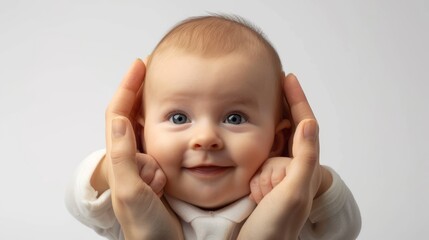 In a white isolated background, a baby is lying in its mother's palm.