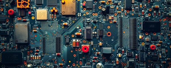 Fototapeta premium A close-up of a circuit board. The board is green and has many small electronic components on it. The components are arranged in rows and columns.