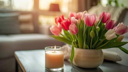 A burning candle alongside tulips decorates a home interior