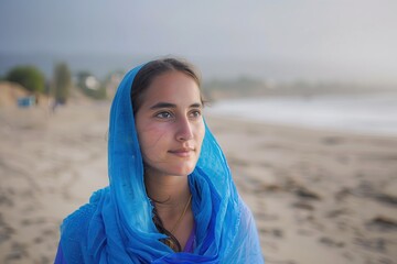 Pashmina. A portrait of a young woman wearing a blue shawl, scarf, on the beach. Moroccan lady. Head covered. Windy coastline, sand dunes and ocean waves