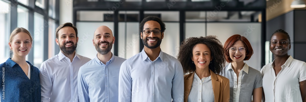 Wall mural a group of diverse professionals standing side by side in a business environment, smiling and lookin