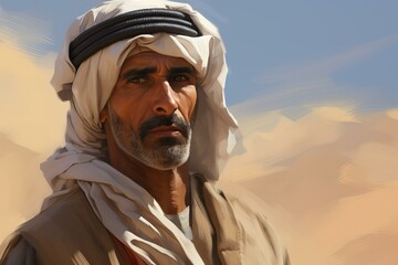 Fototapeta premium Digital painting of an arab bedouin man in a desert setting, showcasing cultural attire