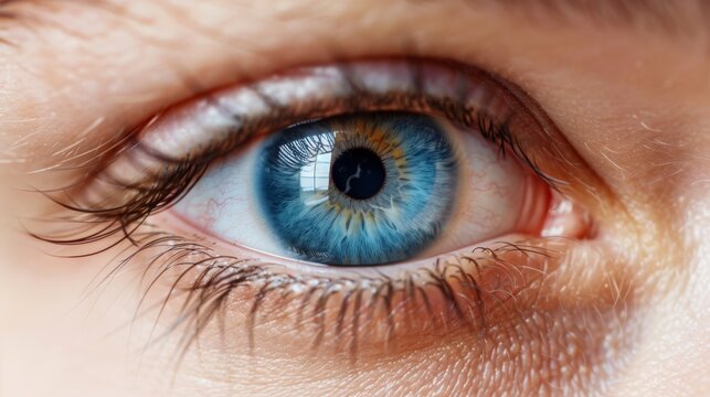 Close-up of human eye with blue pupil.
