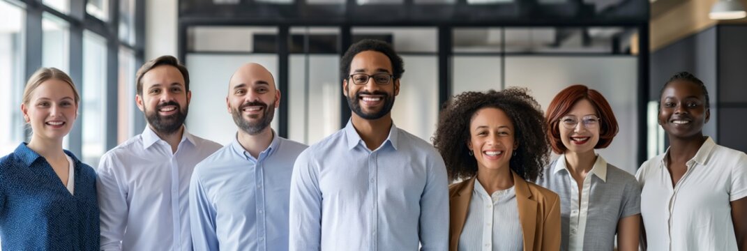 A group of diverse professionals standing side by side in a business environment, smiling and looking confident