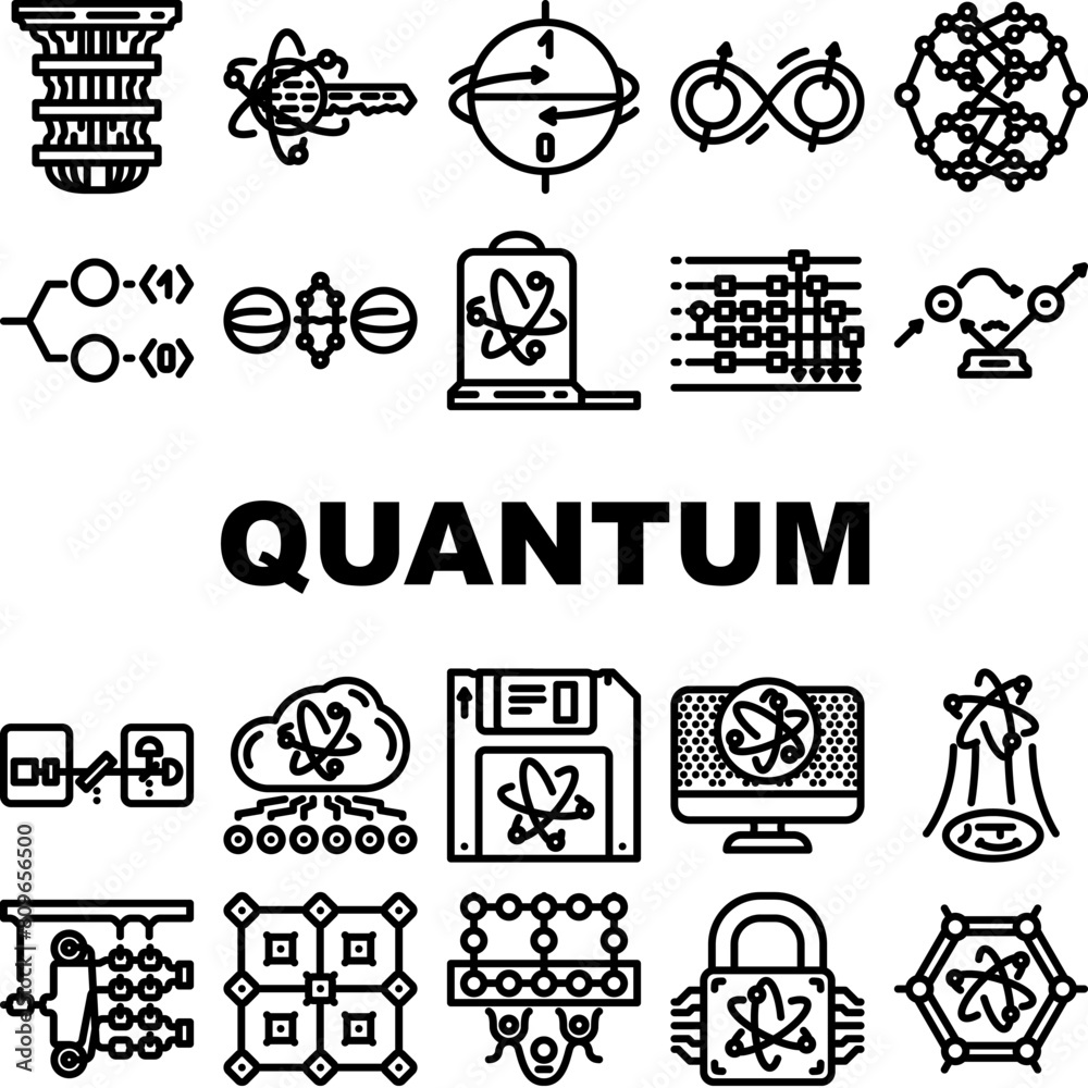 Wall mural quantum technology data network icons set vector. internet digital, big science, server computer, en