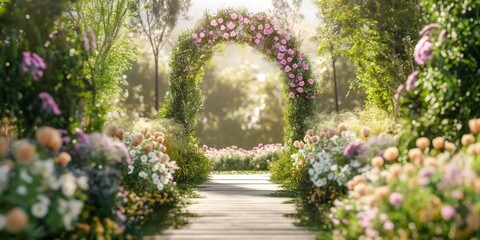 Sunlight filters through a magical floral archway leading down a tranquil flower-lined walkway in a fairytale garden setting