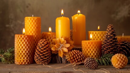 A collection of burning beeswax candles, including large pillars and pinecone shapes, ideal for holiday and winter gifts