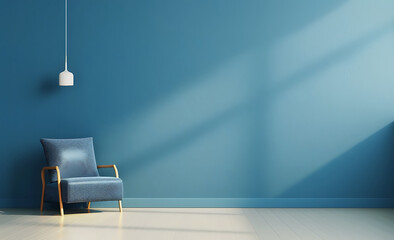a blue minimalist interior with an empty wall mockup and armchair. Minimalist home design concept in the style of empty space