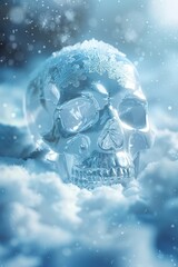 Crystal Ice Skull in Snowy Forest Under Bright Sun
